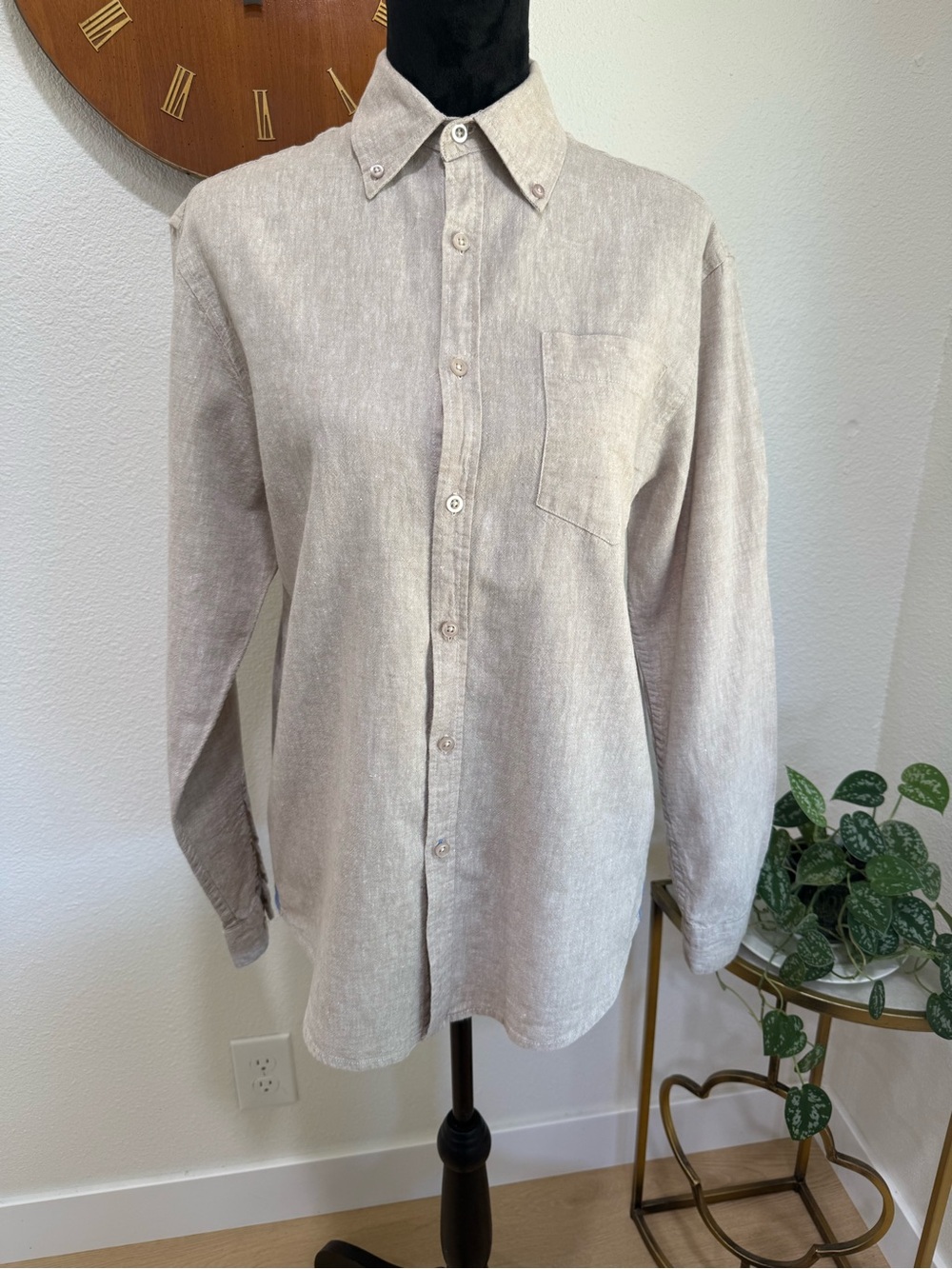 Bruno Washable Linen Look Button Down Shirt Beige Tan Size Small